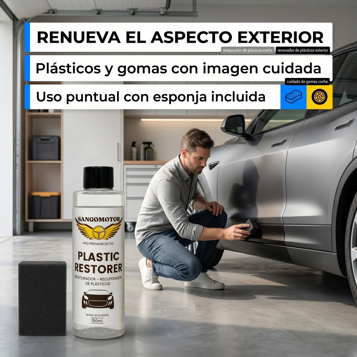 Renovador de Plásticos y Gomas. Restaura y Protege Plásticos y Gomas. Incluye Esponja Aplicadora. Fórmula Profesional y Biodegradable.