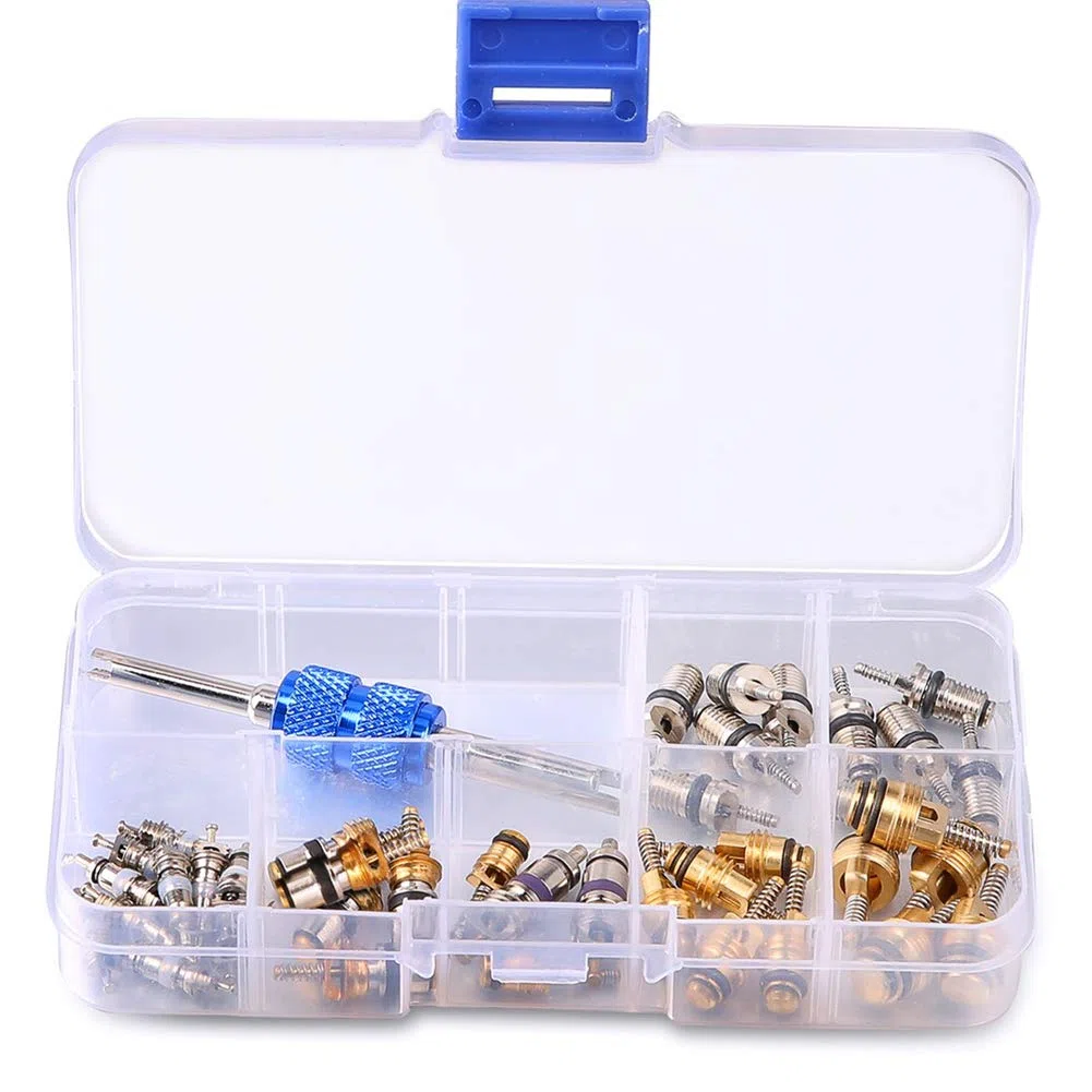 39PCS Refrigeración para automóvil A/C Kit de núcleo de válvula R12 R134A Aire Acondicionado automotriz Válvula de neumático Núcleos de vástago con Surtido de Herramientas de extracción