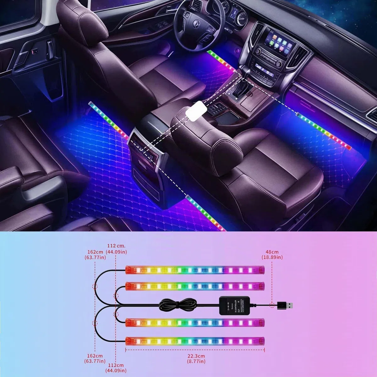 Luces LED Coche Interior, Control de Sonido y Mando a Distancia 4 en 1 Impermeable Tira de Luces RGB Car Ambient Lights