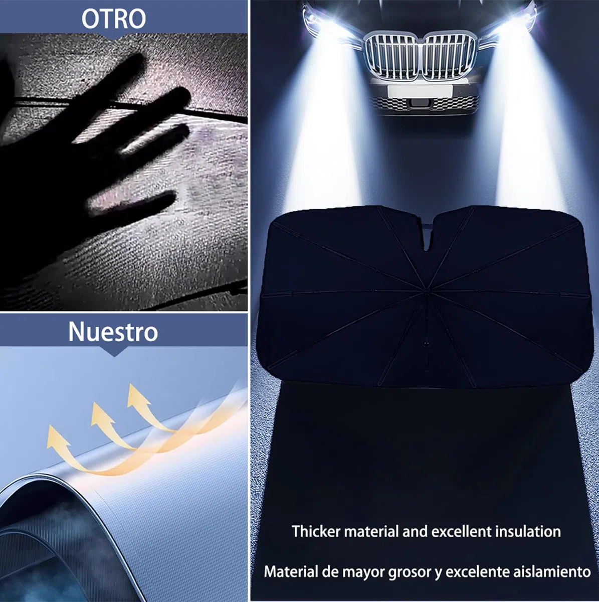 Parasol Coche Delantero Tipo Paraguas, Sombrilla Plegable con Protección UV Total, Bloqueo de Calor Térmico para Parabrisas. Reflector Solar Universal para Coche, SUV y Camioneta