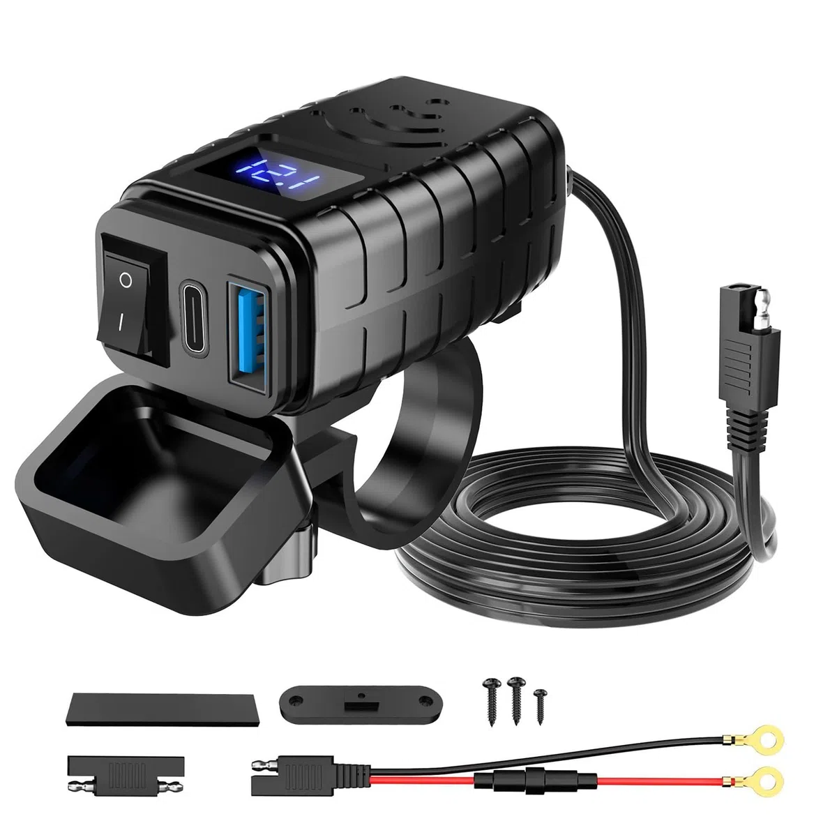 Cargador USB Moto Impermeable con PD y QC 3.0, Type C, Interruptor y Voltímetro LED para Motocicleta, Auto, Marine, Camper