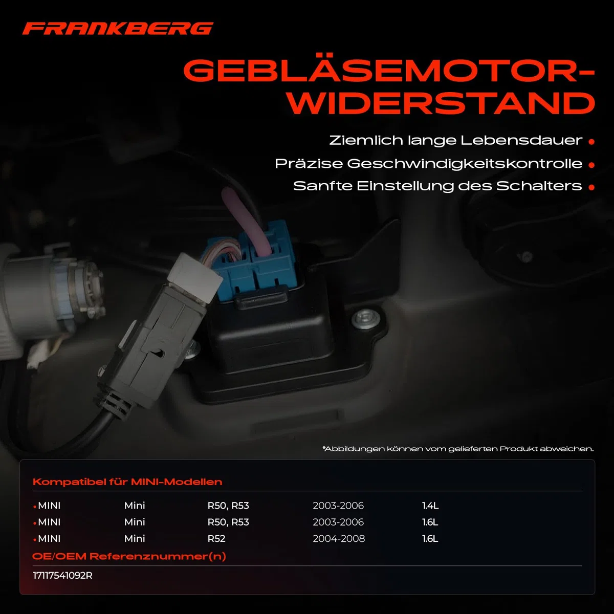 Frankberg Resistencia del calentador Regulador del soplador 3 polos. Compatible con M.i.n.i cabrio R52 M.i.n.i R50 R53 Replace# 17117541092R