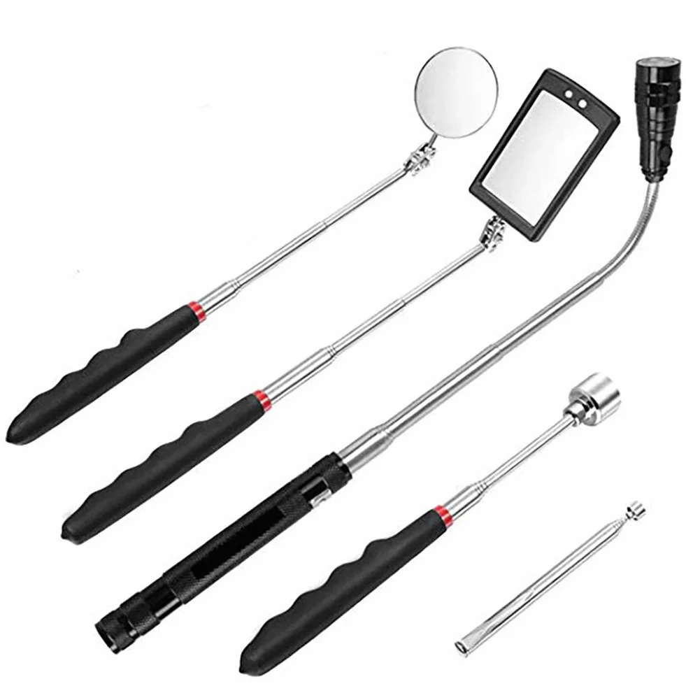 Queta LED Espejo de Inspección Telescópico Imán, 5pcs que Incluye Luces LED de Varilla de Recogida, Espejo de Inspección y Linterna, Mango Telescópico Giratorio 360 grados