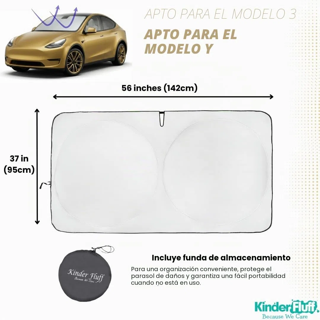 Parasol para Parabrisas Patentado Kinder Fluff para Tesla Model 3/Y | Parasol Coche Protección Solar 99% UVR | Interior Fresco | Visera Plegable | Accesorios Auto Verano | Protector Solar 142x95 cm