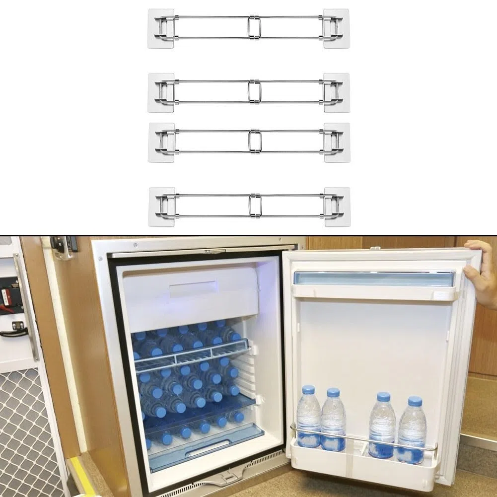 Barra de tensión ajustable para refrigerador, barra de tensión de acero inoxidable, organizador de nevera para viajes, remolque, cámper, cocina, organización de almacenamiento