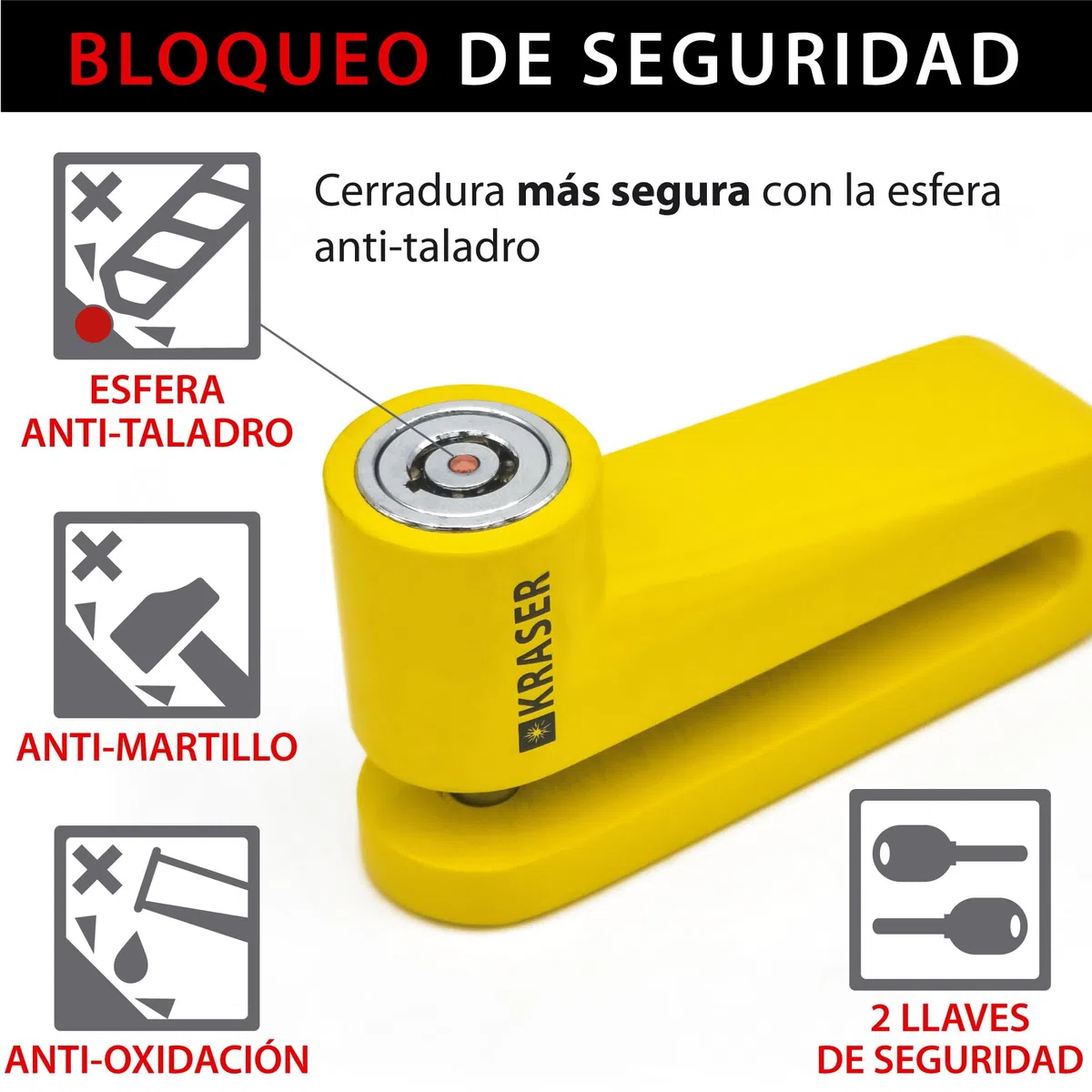 KRASER KR707Y Candado Moto Disco, Amarillo ø7mm Más Disuasorio, Cerradura Anti-taladro, Seguridad Compacta Facil Transporte, Antirrobo Bloqueo Pinza Disco Freno Moto, Bicicleta, Patinete Electrico