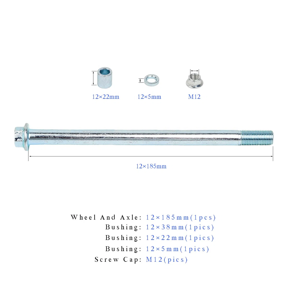 Mokuo Eje delantero trasero de 12 mm y 185 mm con buje de 5 mm y 20 mm, apto para motocicleta, Pit Dirt Bike, ciclomotor, scooter, quad, ATV, mini piezas de bicicleta