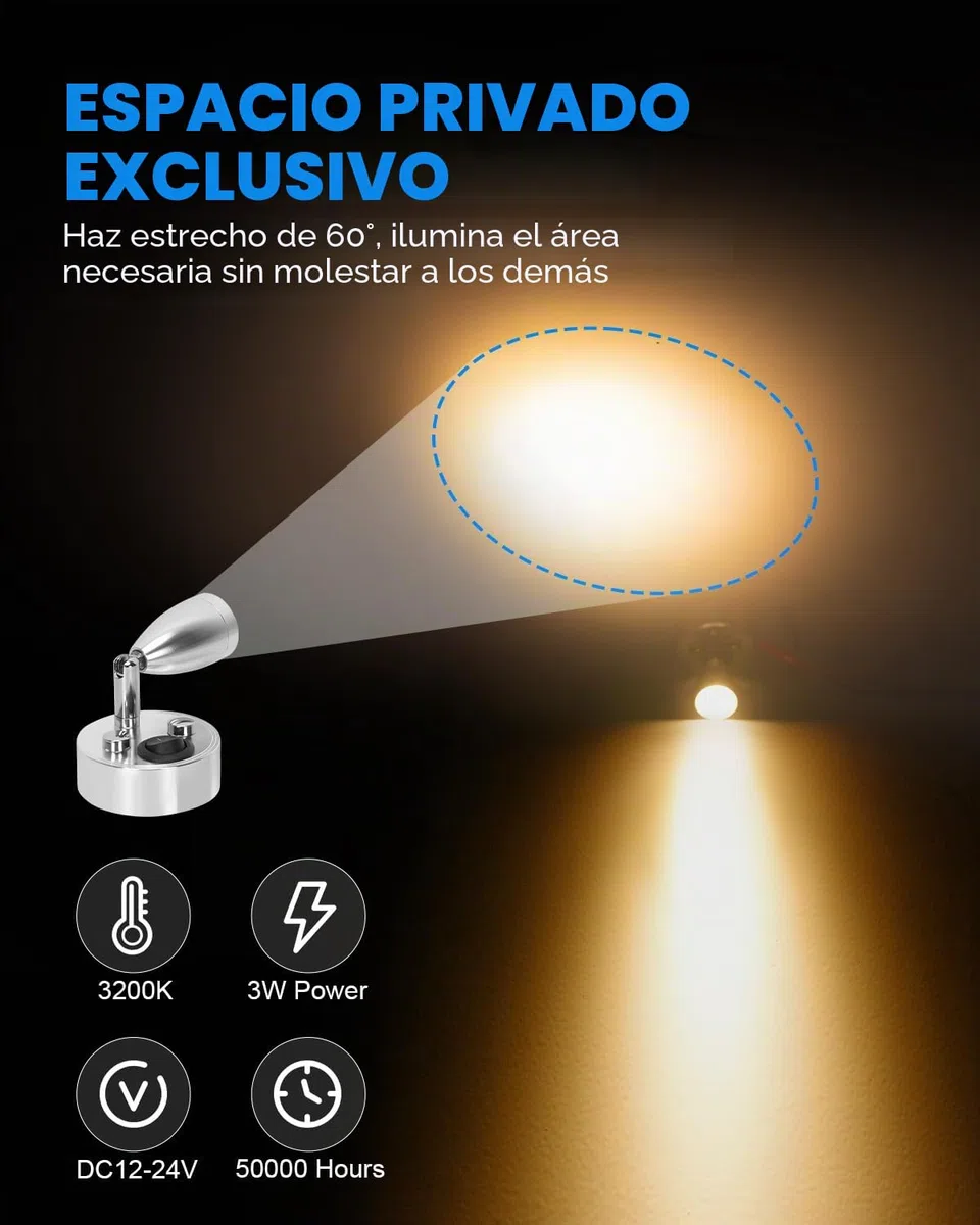 SUPAREE - Luz LED de Lectura de 12V, Interruptor Ajustable, Luz Cálida para Caravana, Barco, Luz Interior LED (2 Unidades) (A-ON/OFF Switch)