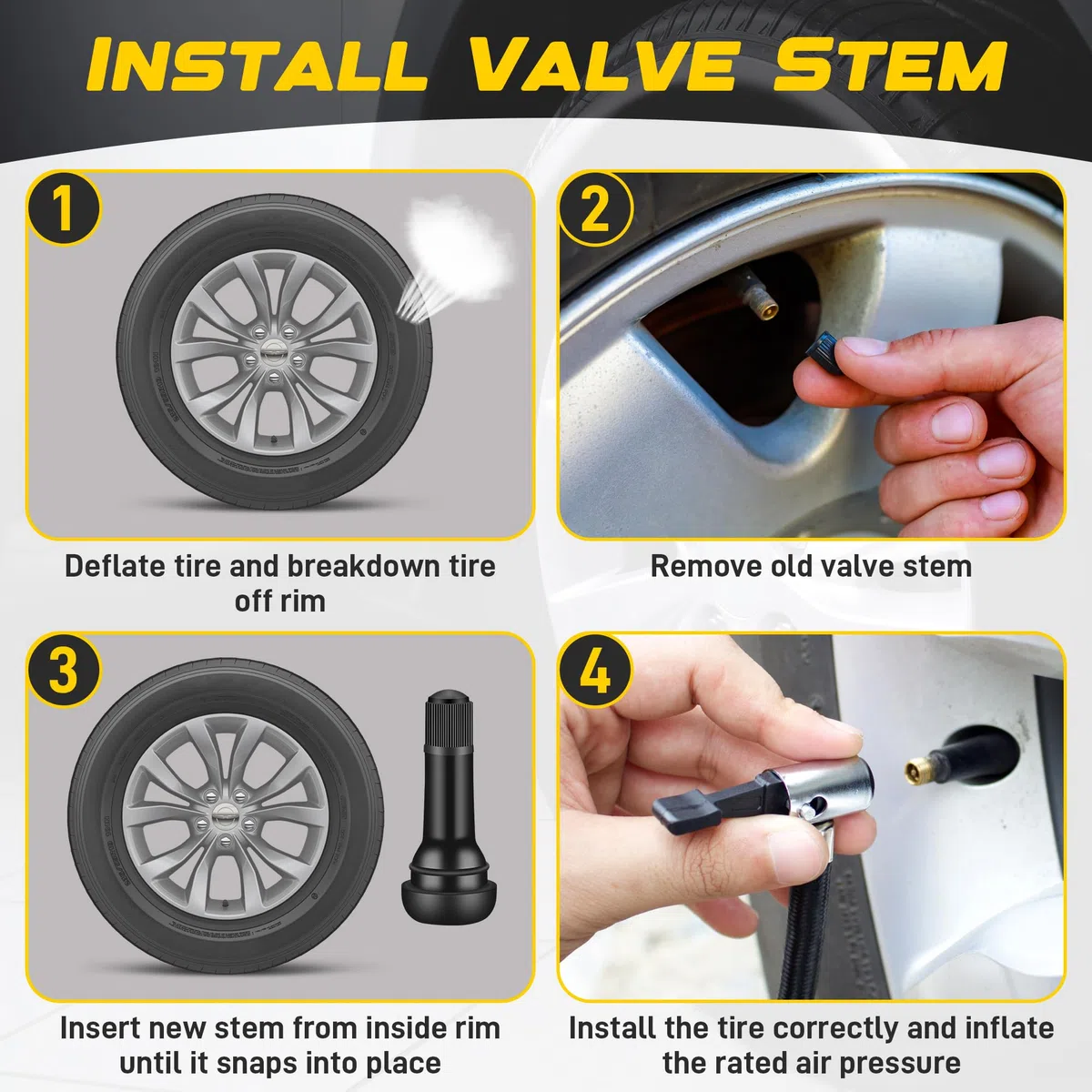 Zocipro 100Pcs TR414 Válvula de Goma para Neumáticos, Snap-in Tire Válvula del Neumático con Tapas de Polvo, Válvulas Rueda Universales para Llantas sin Cámara de Aire de Coches y Motos