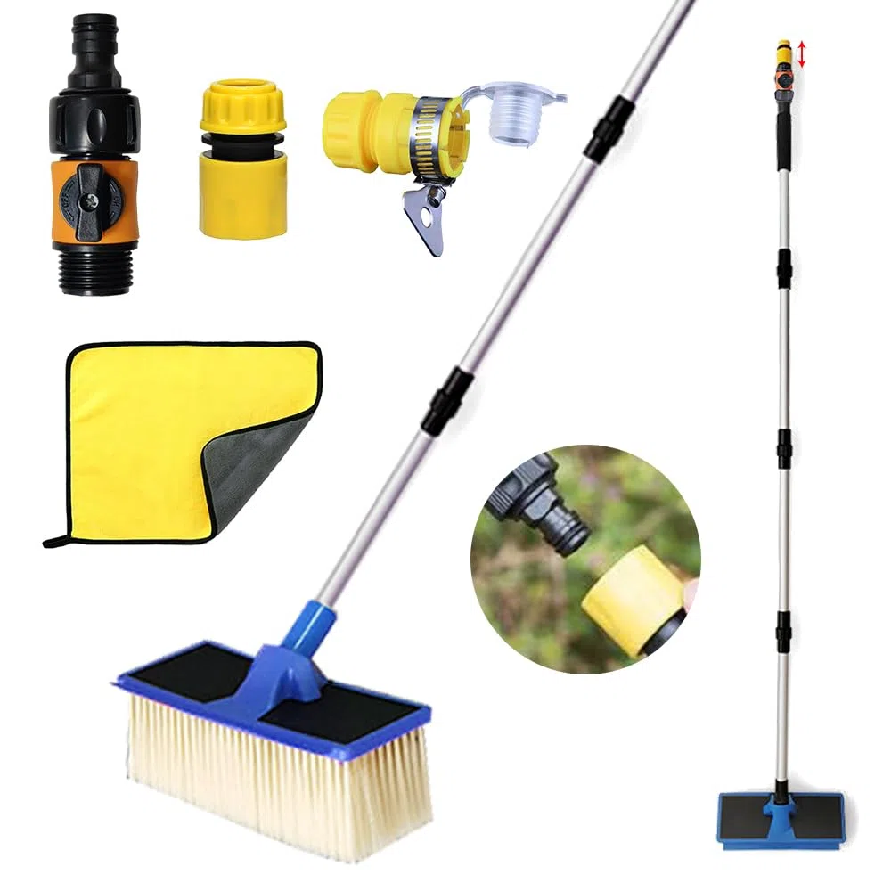 HEYIDAMAI Cepillo telescópico con conexión de agua, cepillo de lavado para autocaravanas, cepillo de lavado de 168 cm, cepillo de lavado para camiones con mango telescópico, cepillo de lavado para