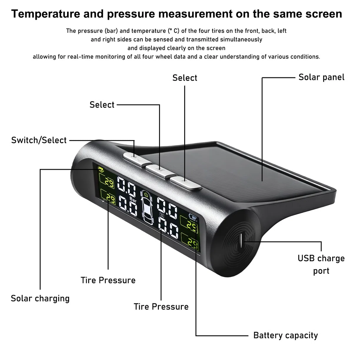 GBKDQQ TPMS Sistema de Control de Presión de Neumáticos, 4 Sensores Externos, Alarma de Temperatura y Vehículo, Sistema de Control de Presión de Neumáticos Solar Sistema de Control de Presión de