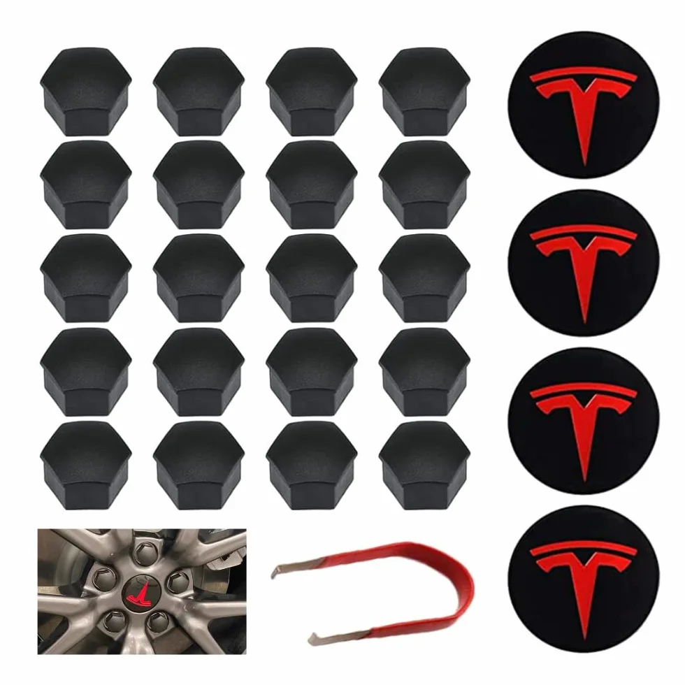 Juego de Tapacubos Magic Select, Compatible con Tesla Coche Modelo 3 Kit de Tapas de Centro de Rueda y de Tuercas de Llantas. (4 tapacubos centrales + 20 Tapas de Tuerca)