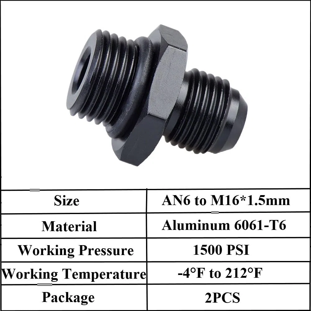 YSIL Adaptador de manguera de combustible métrico macho 6AN a M16 x 1,5 mm, aleación de aluminio, superficie anodizada negra, 2 unidades