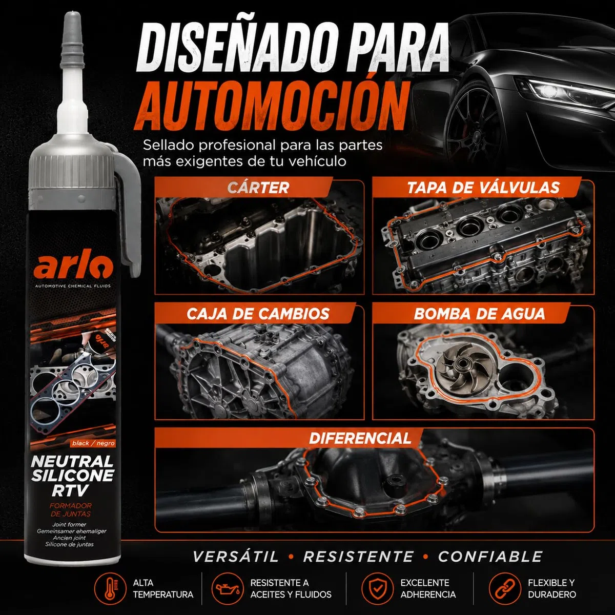 Arlo Formador de Juntas Silicona RTV Alta Temperatura para Motor y Cárter, Sellador Negro 200 ml