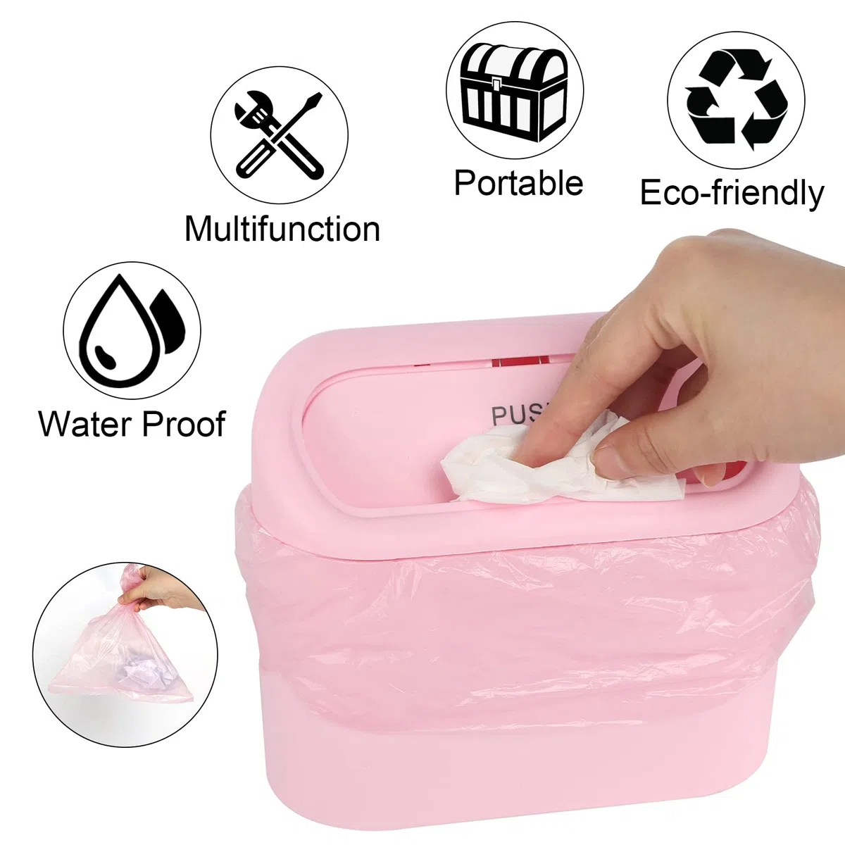 DUTIFUL Cubo de basura pequeño para coche, con tapa, con 105 bolsas de basura y 4 ganchos para asiento de coche, accesorios para almacenamiento y organización
