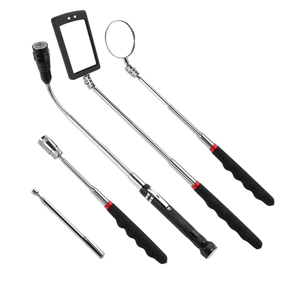 Gifts para hombres, kit de herramientas de recogida magnética telescópica de 5 piezas con varilla de recogida de 1 lb y 15 lb, espejo de inspección giratorio 360 y linterna LED telescópica
