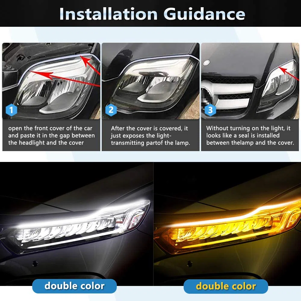 Alopee Ultra-Brillante 60 CM 23.6 "Blanco/Ámbar Flexible Tira de Tubo LED Silicona Corriente Corriente Diurna Tear Strip Faros Delanteros Señal de Giro Luz de Guía de Estacionamiento (1 Juego)