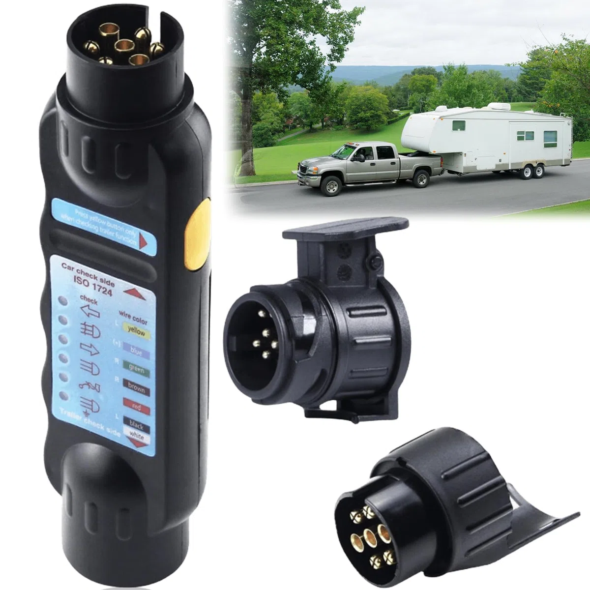 Comprobador de remolque de 7 pines, dispositivo de prueba, enchufe de remolque, conector con 13 a 7 pines y adaptador de 7 a 13 polos para iluminación de remolque de coche de 12 V, solución de