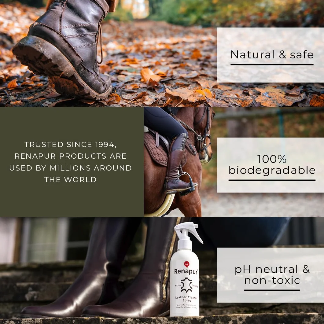 Renapur Spray Limpiador Natural de Cuero 250 ml Fórmula de Limpieza Profunda para Sofás Interiores de Coche Calzado Ropa y Sillas de Montar - La presentación Puede Variar