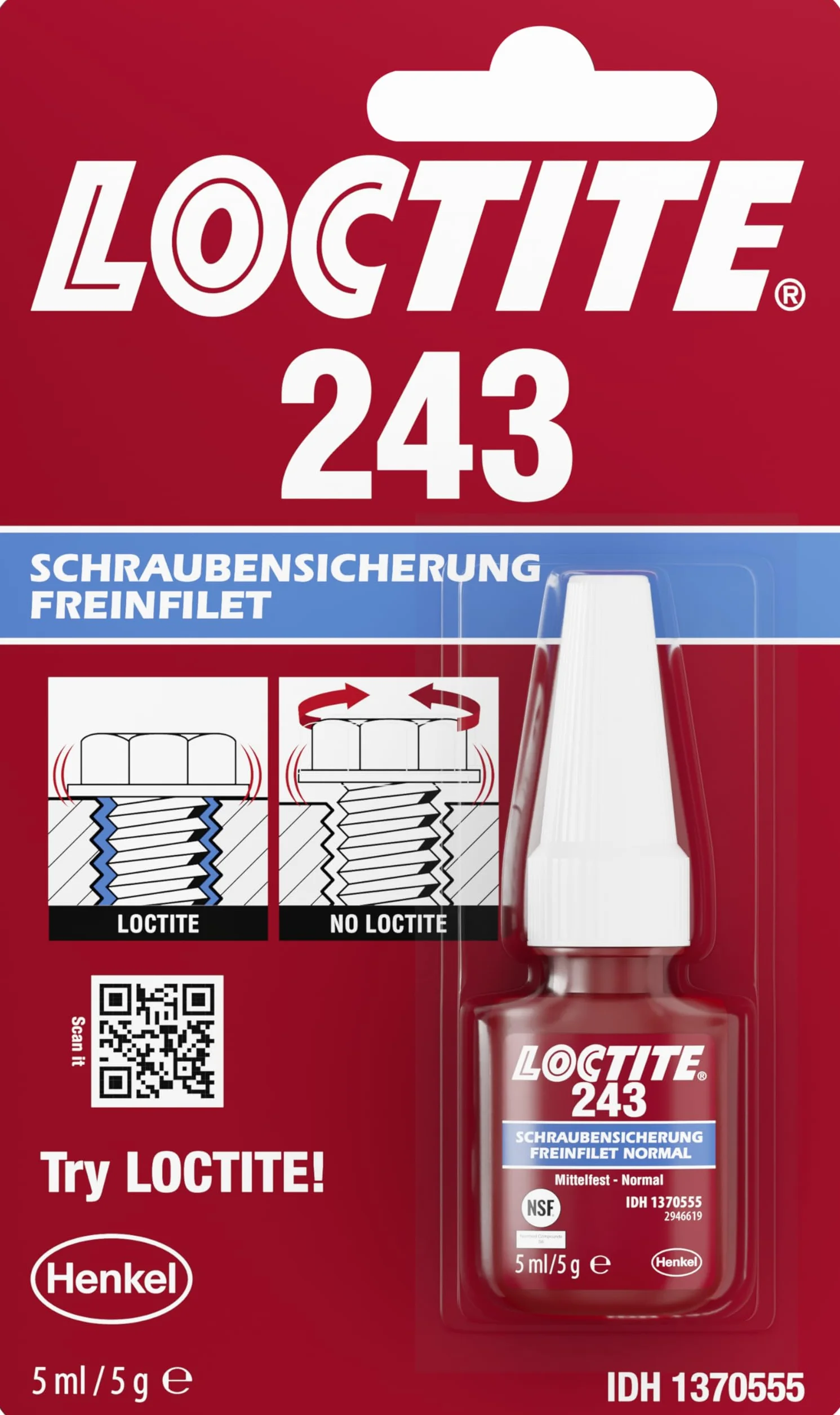 Adhesivo para tornillos Loctite 243, resistencia moderada, tubo plegable de 5 ml.