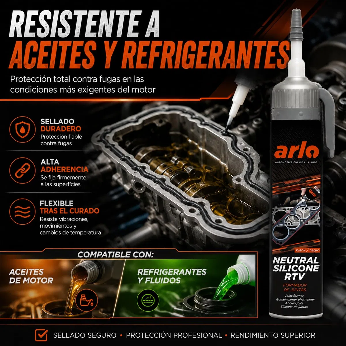 Arlo Formador de Juntas Silicona RTV Alta Temperatura para Motor y Cárter, Sellador Negro 200 ml
