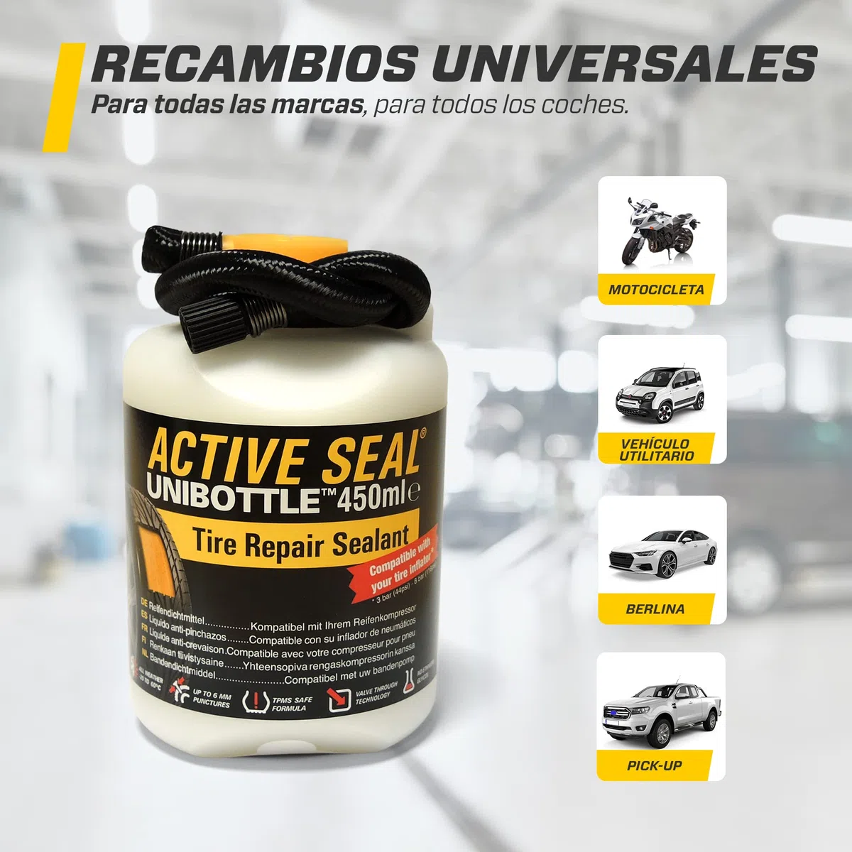 MAXTOOLS, Botella Universal de Líquido Sellador para Sistemas de Reparación de Neumáticos, 450ml