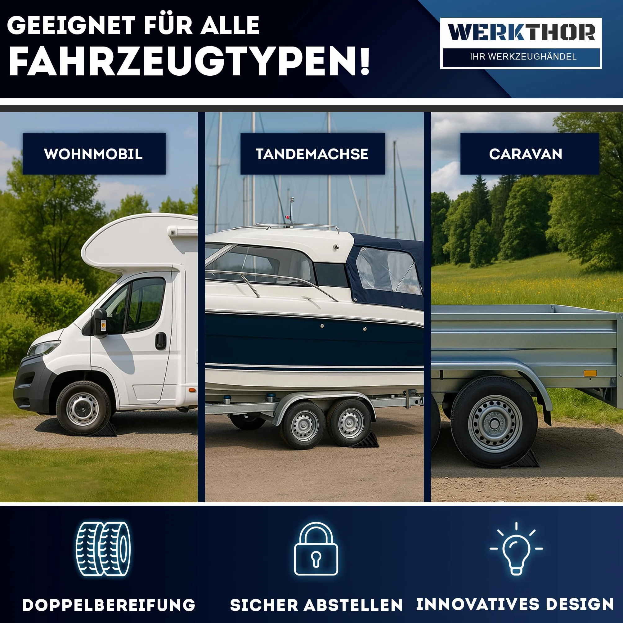 WERKTHOR Calzos de Rueda con Soporte [Juego de 2] y Material de Fijación - Calzos de Rueda para Remolques de hasta 1600kg de Carga por Eje - Cuñas Accesorios para Remolques de Coches
