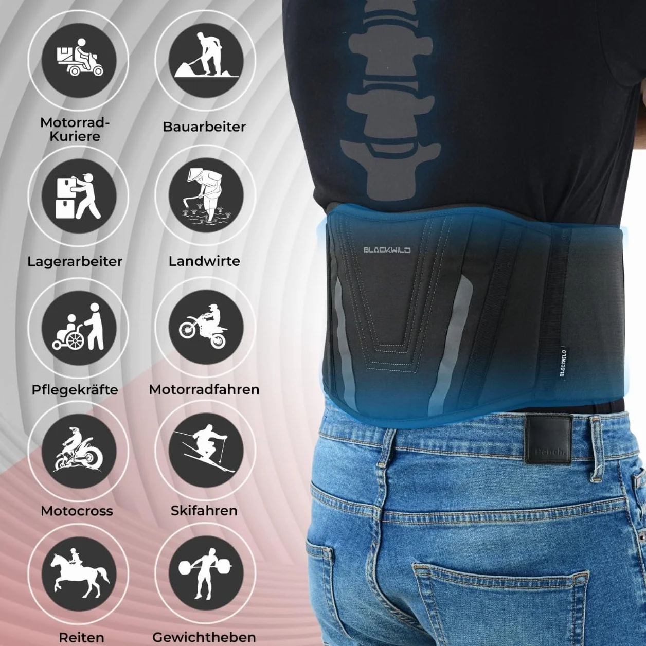 Blackwild - Cinturón lumbar para moto, para hombre y mujer, color negro