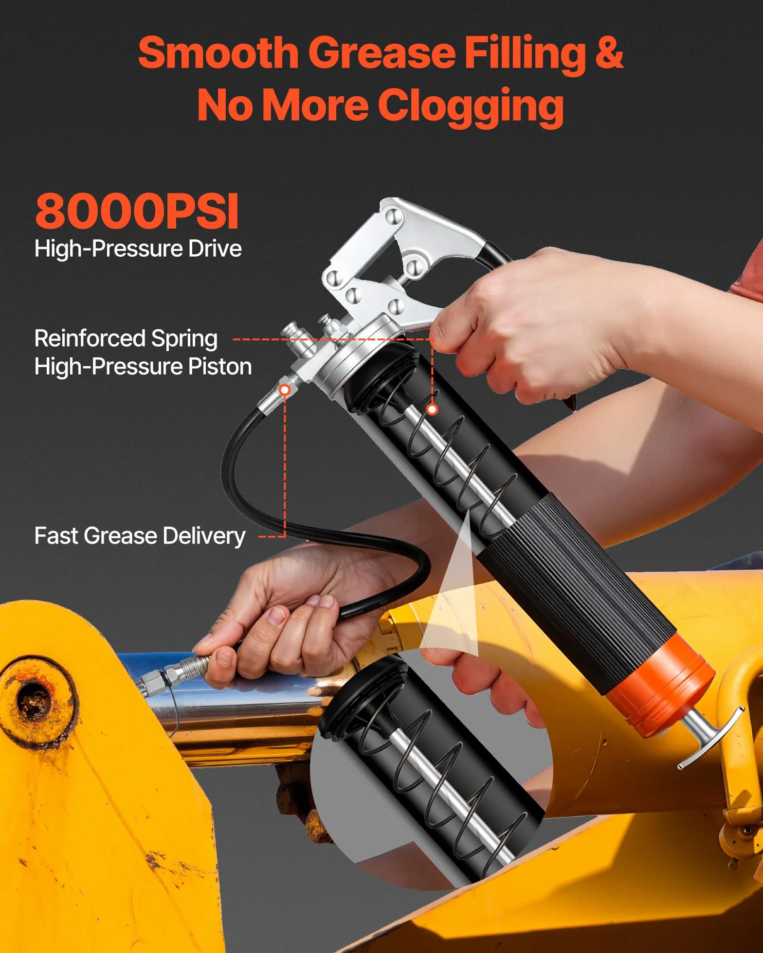VEVOR Pistola de Engrase 8000 PSI, con Empuñadura de Pistola y Capacidad de 0,4 L, Incluye Manguera Flexible de 46 cm, 1 Tubo de Extensión Rígido y 1 Boquilla Afilada para Automoción y Náutica