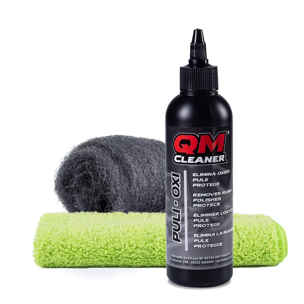 QM Cleaner Kit Puli-Oxi | Pulimento, Eliminador de manchas de Óxido, Limpiador de Cromados, reparador pequeños arañazos coche - Incluye Lana Acero 000 + Paño Microfibra