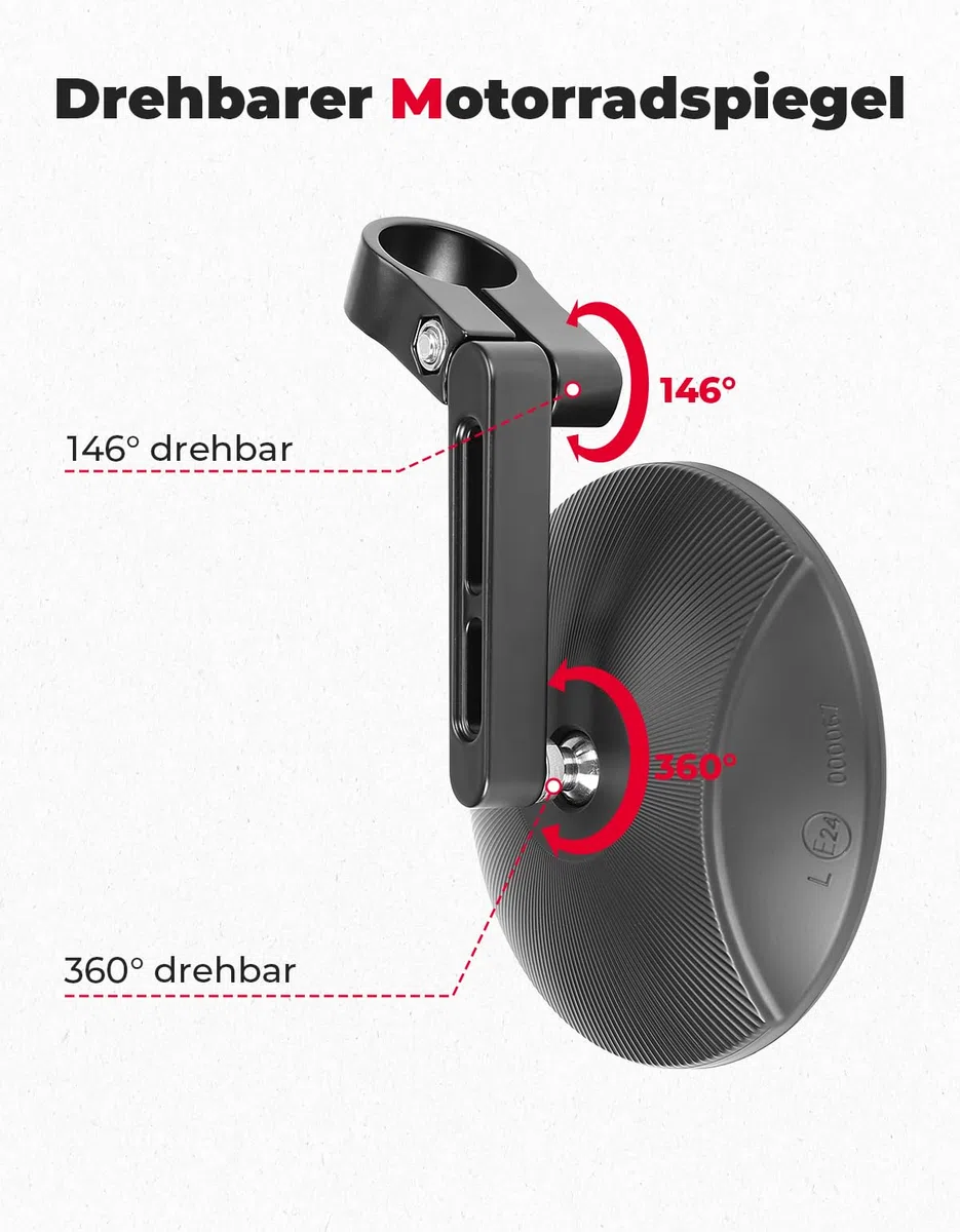 KEMIMOTO Retrovisores Moto CNC，Espejos Moto Homologados E24 con Giratorio 360°, 1 espejo Redondo de Extremo de Manillar, Compatible con la Mayoría de Moto, ATV y Scooters
