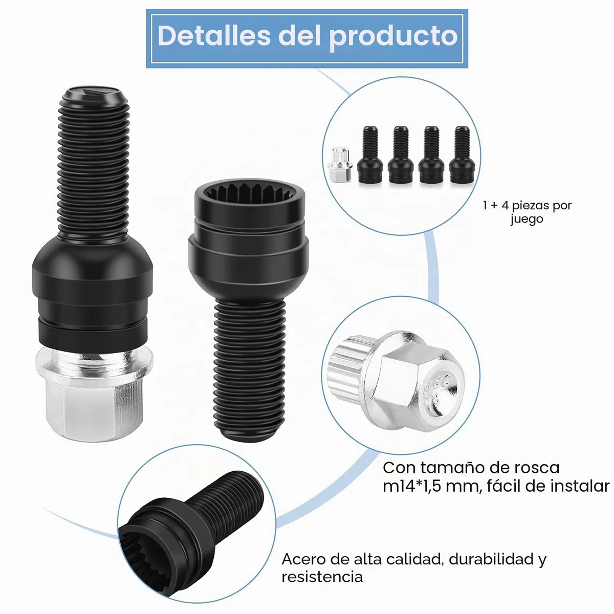 Tuerca Antirrobo de Rueda de Coche, Perno de Acero Negro, M14 x 1.5mm, Conjunto de Seguridad Bloqueable