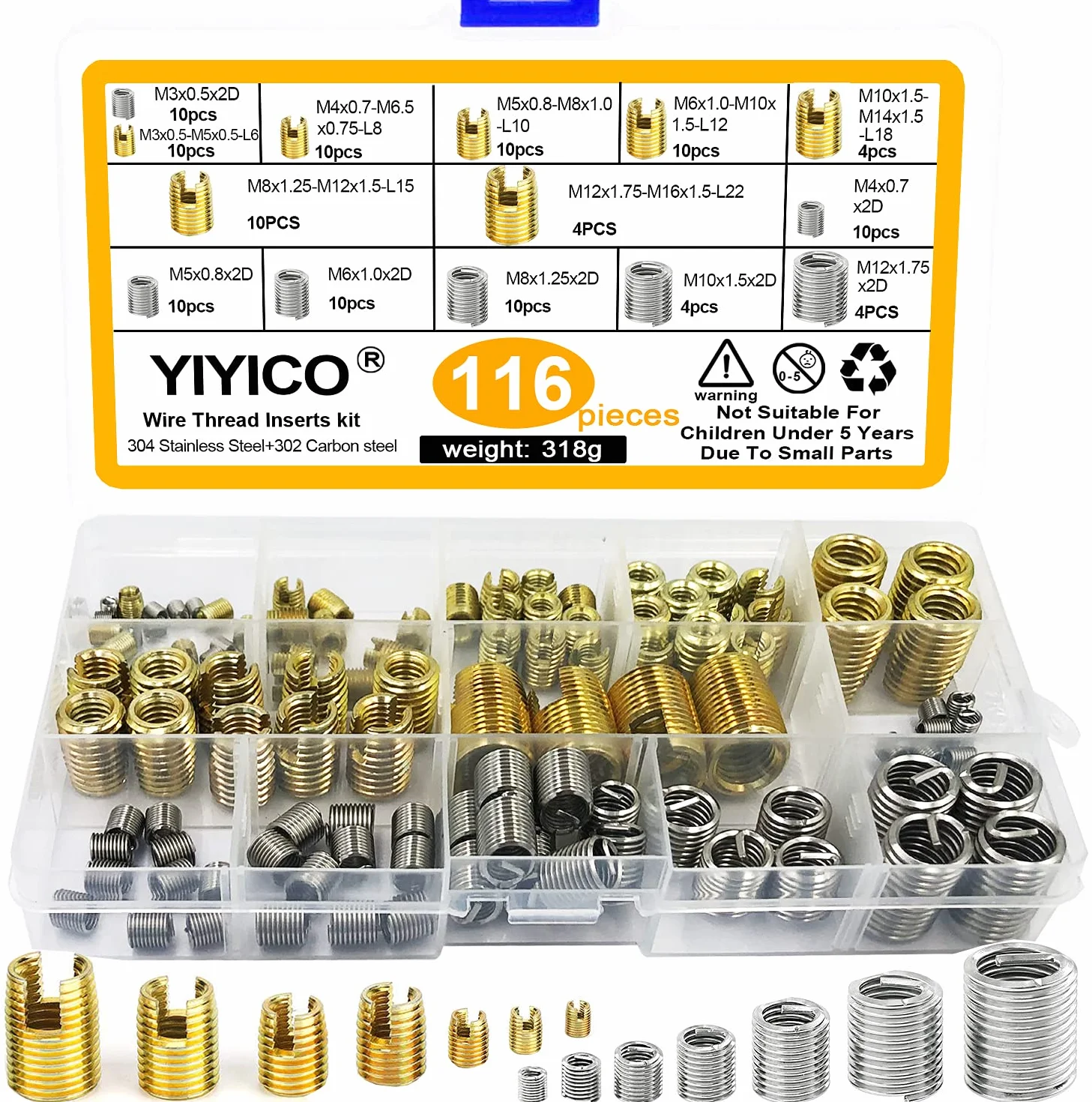 Insertos Roscados Autorroscantes Reparación De Roscas Insertos Helicoidales Kit de Inserto Autorroscante 24pcs para Reparación de Roscas (116Pz)