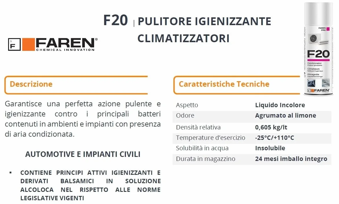 Faren F20 - Higienizante en spray para climatizadores de casa y coche, agradablemente perfumado a base alcohólica, 400 ml