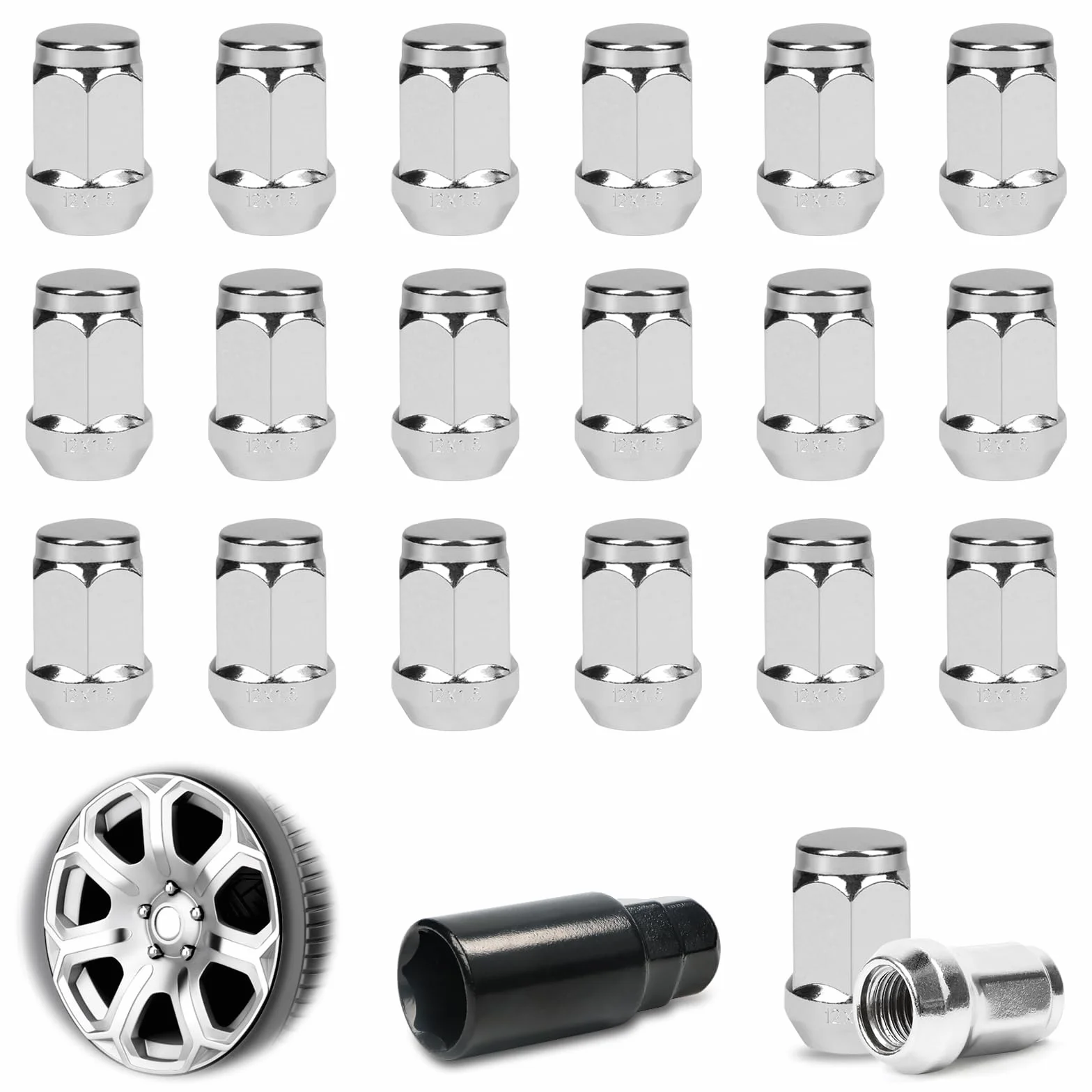 Tuercas de rueda m12x 1,5, llantas de acero, 60°, cerradas,tuerca cónica,tuercas cromadas,tapas con Ford Toyota,Hyundai,Kia, Mazda,21 unidades, universal para tuercas de coche
