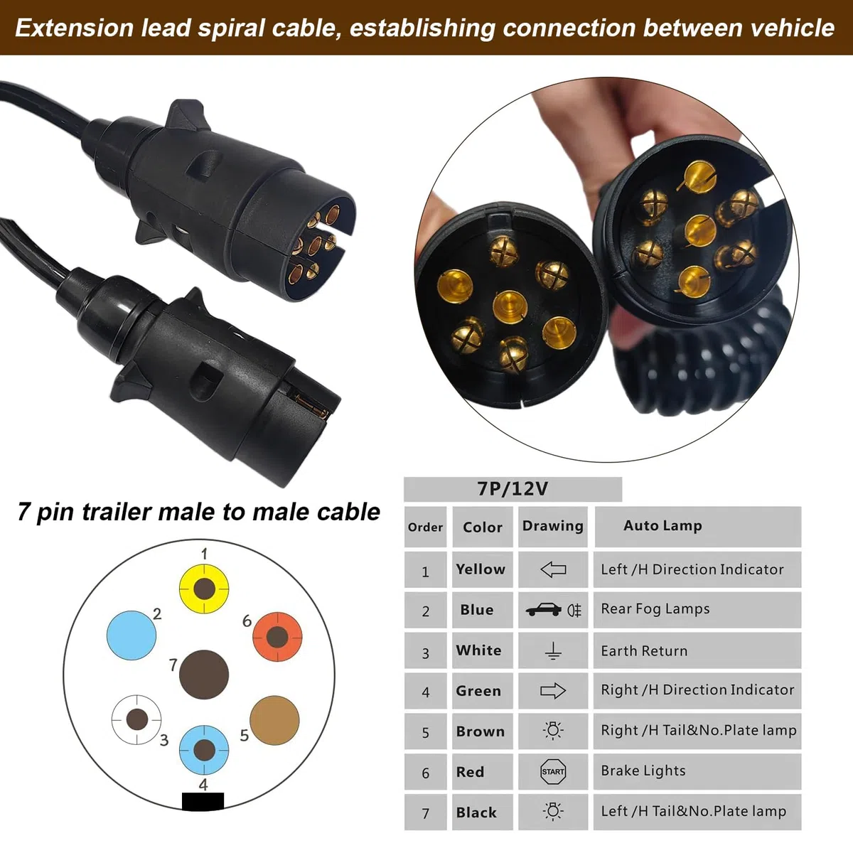 Remolque Cable 7 Pines Cable de Extensión para Remolque 7-7 Pines con Conector de Enchufes de Remolque 3m 12V Remolque Cable de Espiral para Caravanas Coches Barco Camión RV