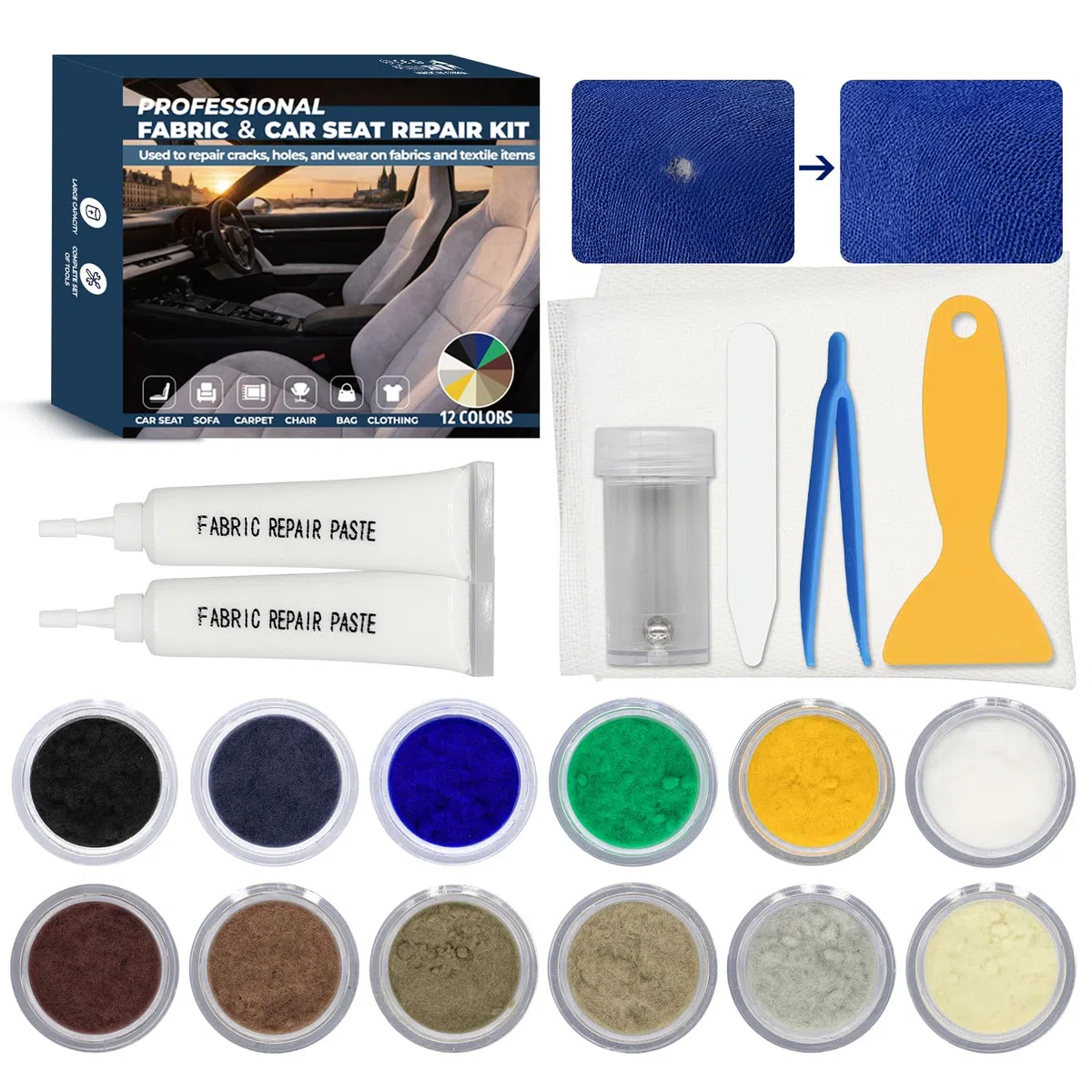 Kit de Reparación de 12 Colores para Reparar Quemaduras, Desgarros, Agujeros e Hilos Sueltos en Alfombras, Asientos de Coche y Ropa, Parches para Asientos de Coche, Reparar Tapicería Coche