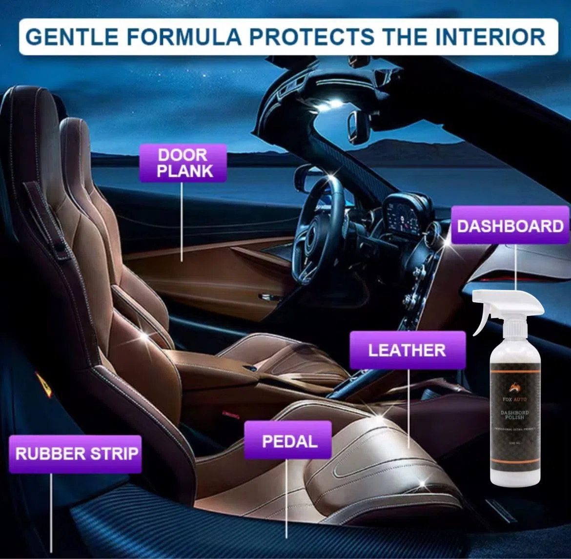 Genérico Fox Auto Abrillantador de Salpicadero 500 ML – Limpiador y Protector Interior para Coche con Protección UV, Acabado Brillante, Microfibra y Aplicador Incluidos.