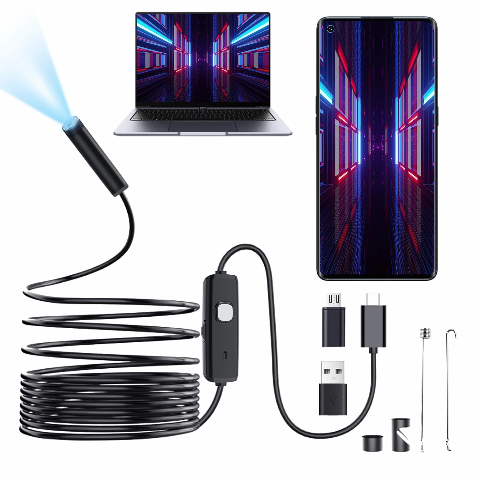 Endoscopio, Endoscopio Camara de Inspeccion con 10m Cable Semirrígido, IP67 Impermeable, USB 3 en 1, Tipo C, 6 Luces LED, para Android, Tablet, Windows PC