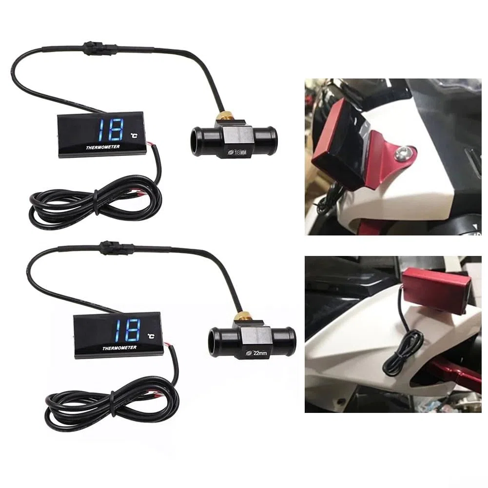 Kit de monitoreo de temperatura del agua para motocicletas con medidor LCD digital y sensor, sistema alimentado por CC 12 V con señal visual de sobrecalentamiento (18 mm)