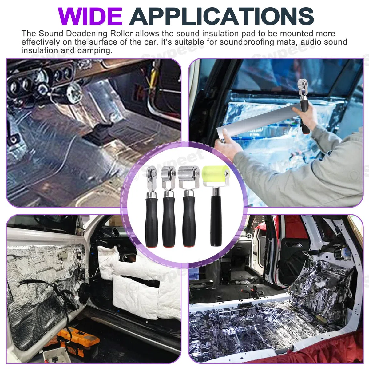 Swpeet Juego de 4 rodillos insonorizantes de 3 tamaños para coche, 6mm 20mm 40mm herramienta de instalación de rodillos de ruido de metal para auto con cinta de papel de aluminio de 66 pies, cinta de