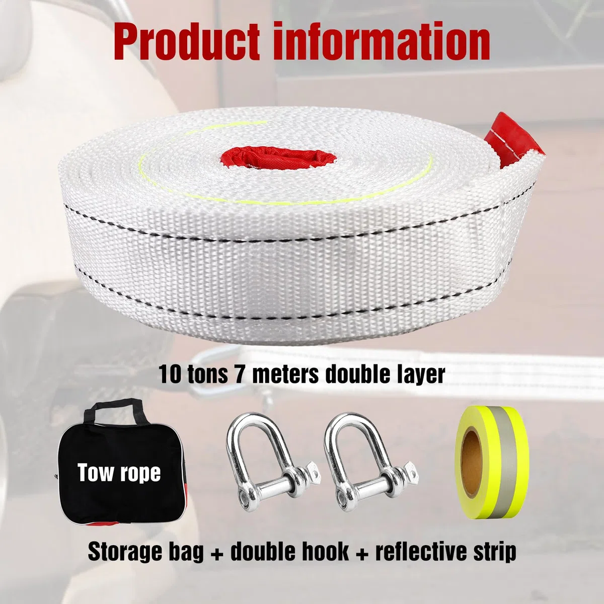 Cuerda De Remolque para Coche,7 m 10T Eslinga Emergencia con 2 Ganchos,Bolsa Almacenamiento,Remolque Coche Eslinga,Cuerda Remolque Coche para Emergencias Todoterreno
