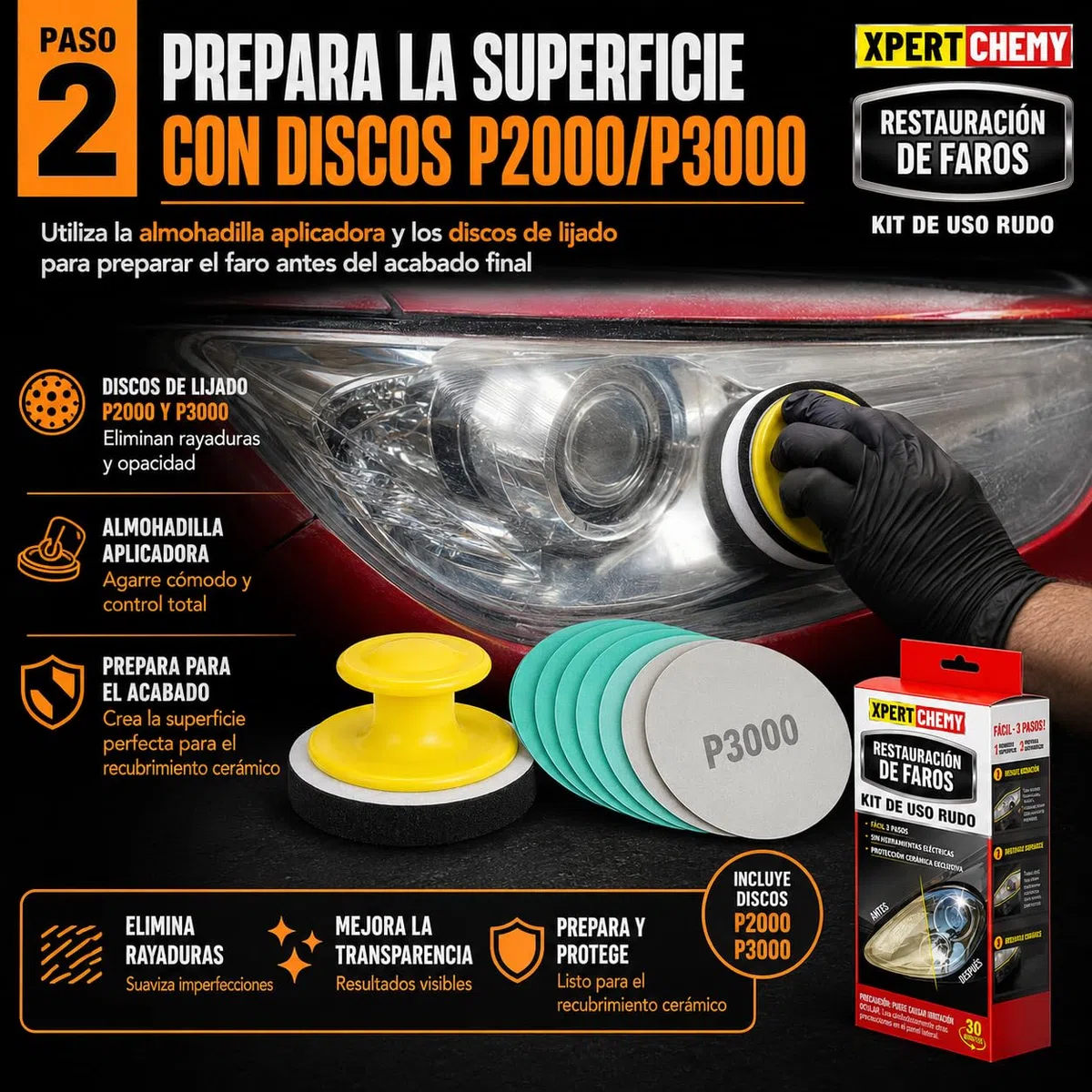 XPERTCHEMY Kit de Restauración de Faros de Coche, Limpiador para Faros Amarillentos y Opacos, 3 Pasos, Sin Herramientas Eléctricas, con Protección Cerámica UV