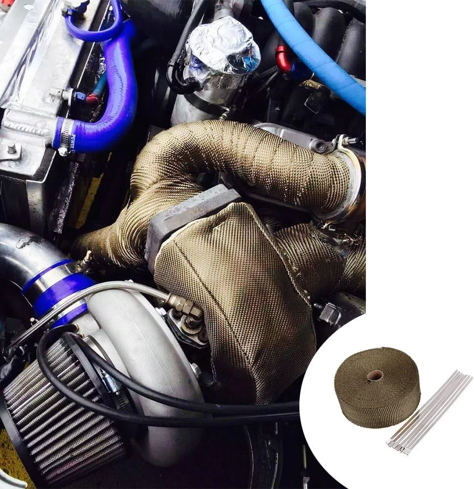 ilauke 10M x 5cm banda para cabecera de escape, fibra de titanio cinta anticalorica escape para tubo, colector turbo, calor alto, marrón, con 10 abrazaderas de acero inoxidable