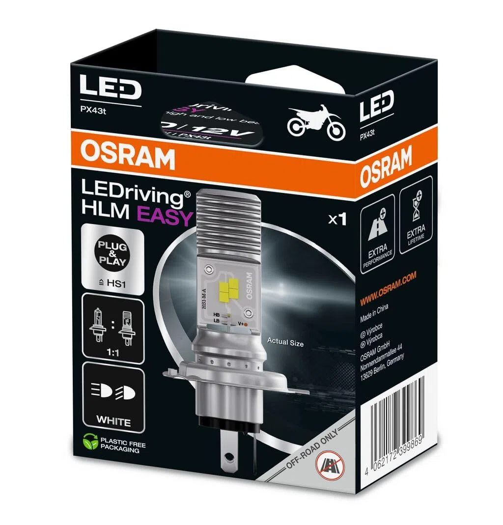 OSRAM LEDriving HLM EASY ≜ HS1, lámpara LED para faro de motocicleta, Blanco frío 6000K, Lámpara LED Retrofit de luz de carretera y de cruce, Solo para uso todoterreno - sin ECE, 1 lámpara