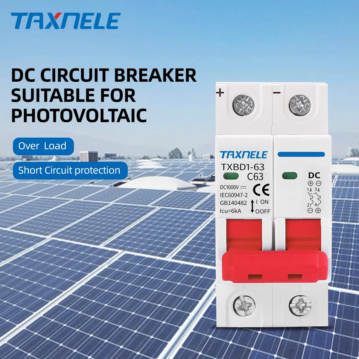 Disyuntor en miniatura DC MCB 2P DC 1000V Mini disyuntor solar Interruptor de batería Protección contra cortocircuitos Interruptor de desconexión Aislador para sistema solar fotovoltaico (63A)