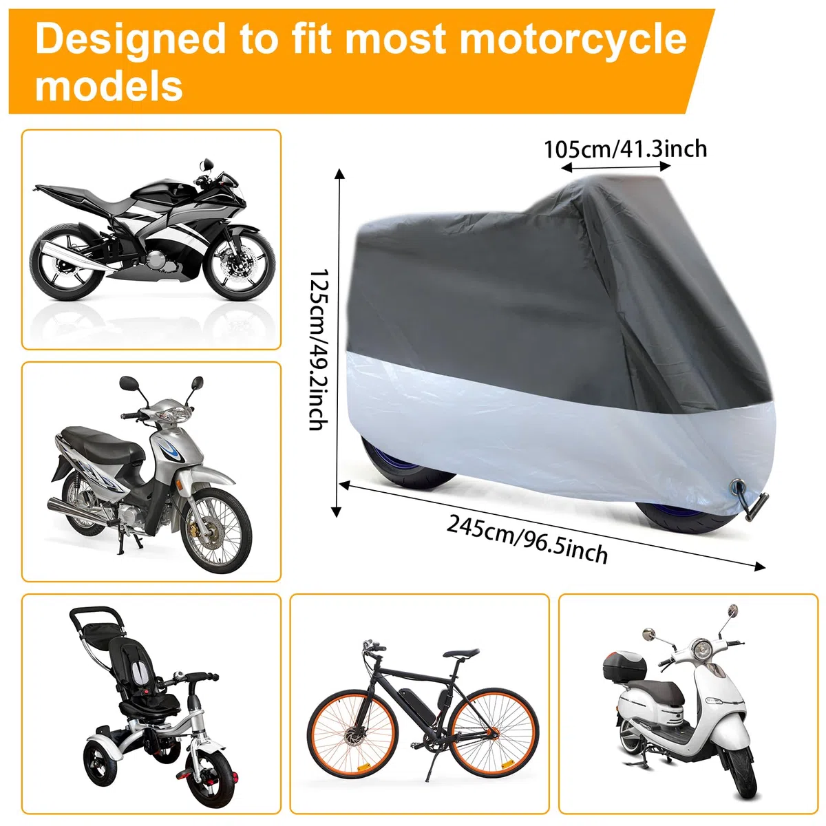 Funda para Moto, Cubierta de Moto Impermeable Protectora a Prueba de Sol Lluvia Polvo Viento Nieve Excremento de Pájaro al Aire Libre, (245 x 105 x 125 cm)