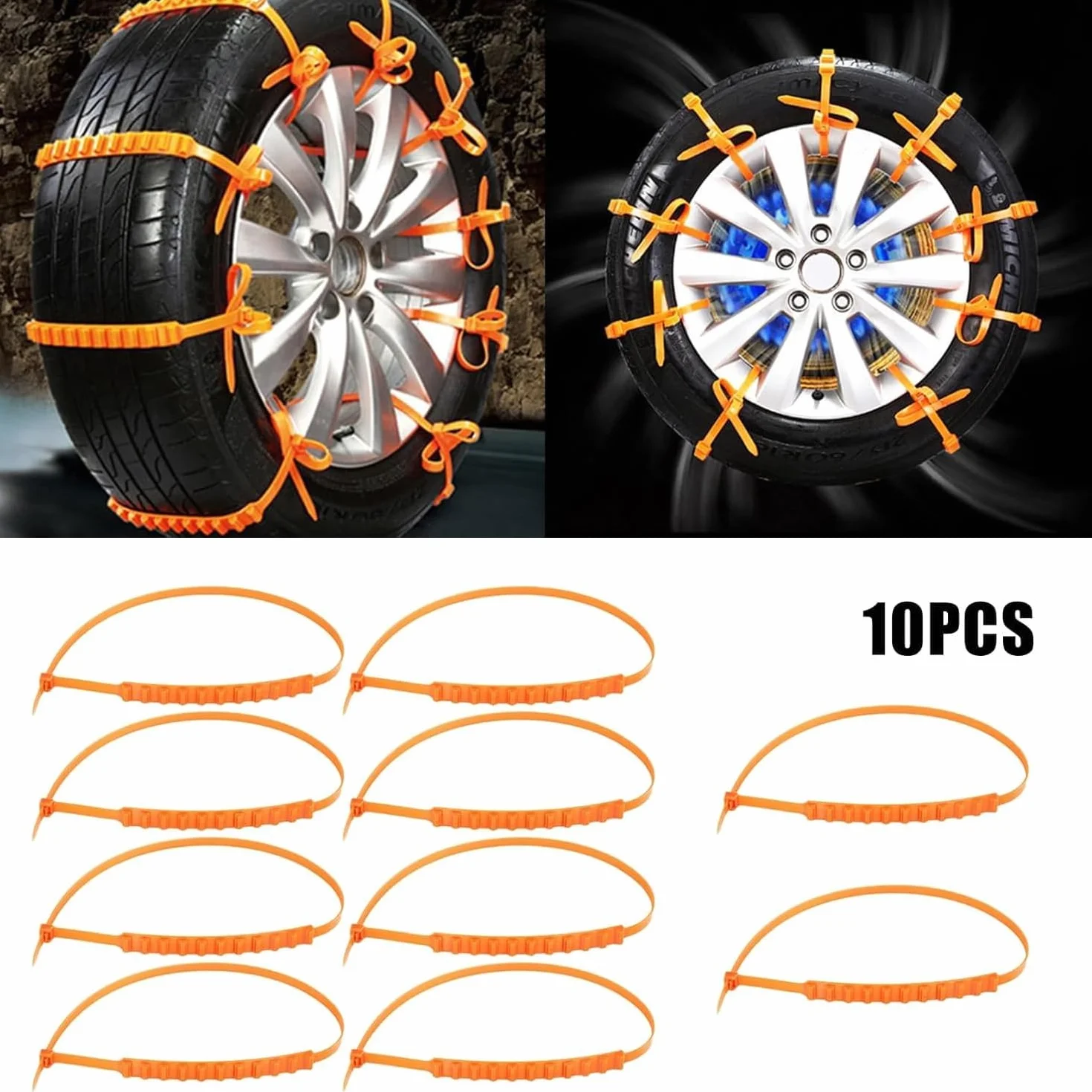 10PCS Cadena de Nieve para Coche, Cadenas Antideslizantes para Neumáticos de Nieve, Cadenas de Emergencia para Coche, Cadena de Seguridad Ajustables, Antideslizantes