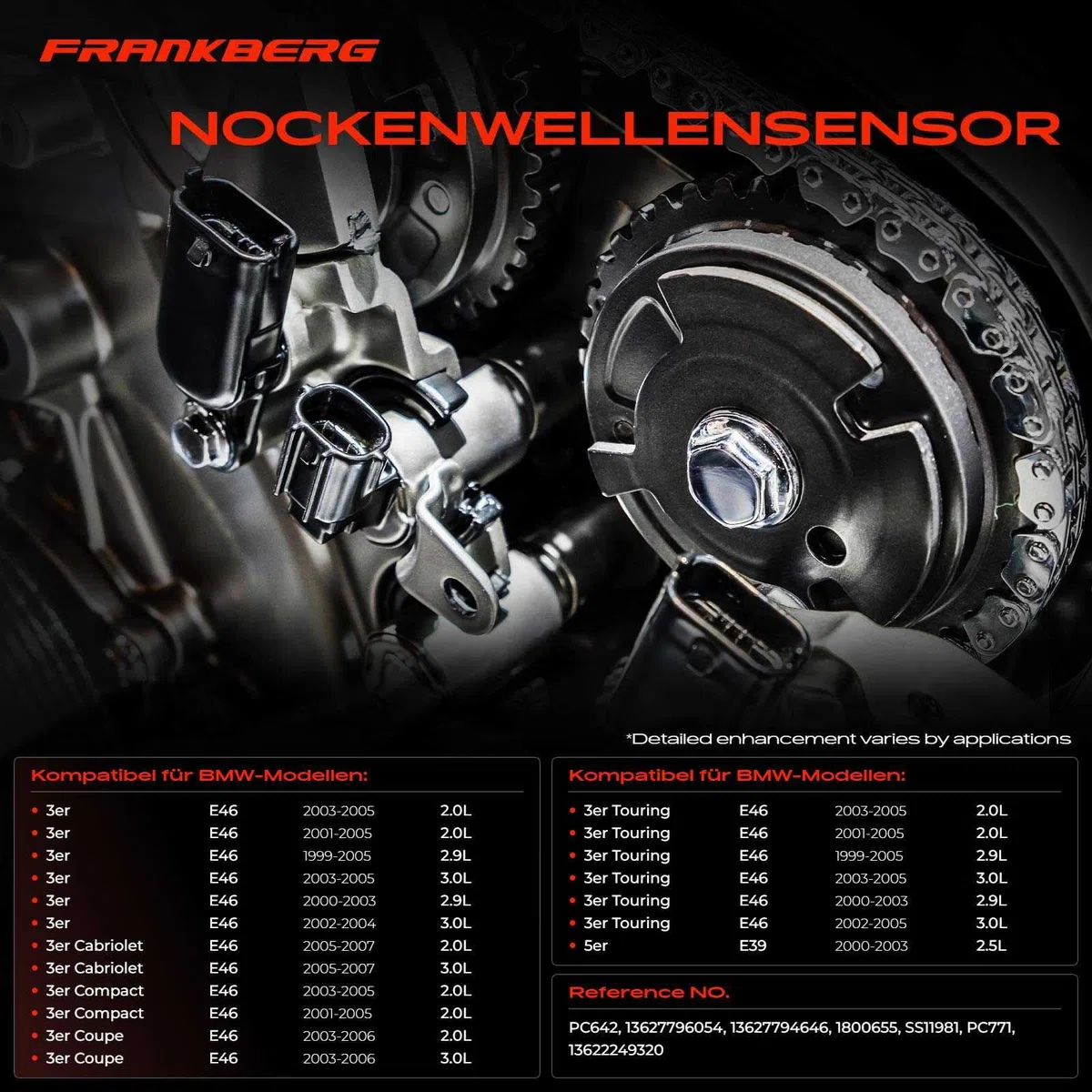 Frankberg Sensor del árbol de levas Sensor del cigüeñal 3-Polos Compatible con Serie 3 Touring E46 Serie 3 E46 X3 E83 Serie 5 Touring E39 X5 E53 Replace# 13627794646
