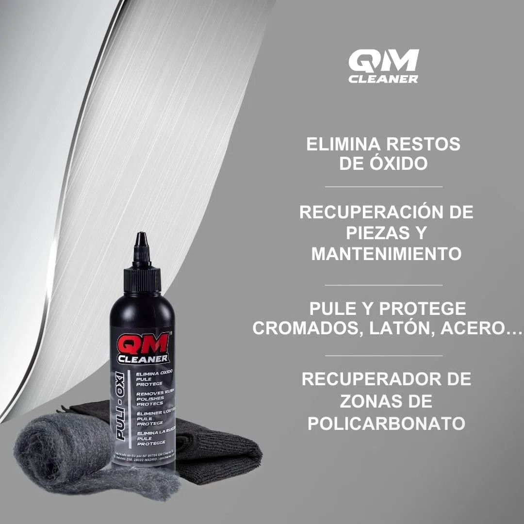 QM Cleaner Kit Puli-Oxi | Pulimento, Eliminador de manchas de Óxido, Limpiador de Cromados, reparador pequeños arañazos coche - Incluye Lana Acero 000 + Paño Microfibra